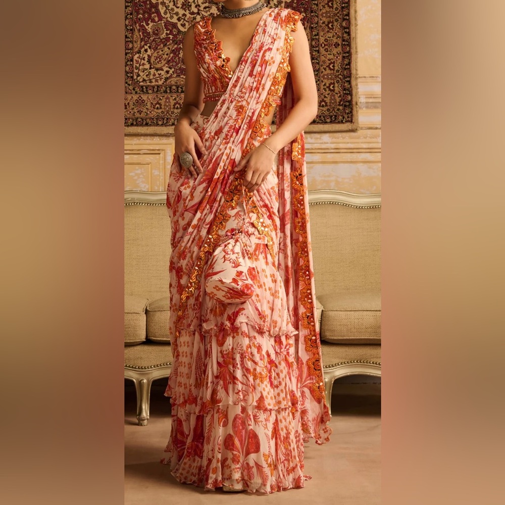 Orange Designer Pre Draped Saree